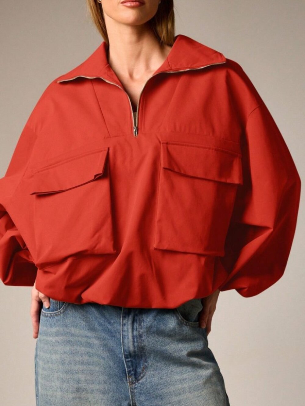 Rust Red Oversized Half-Zip Anorak Jacket with Flap Pockets